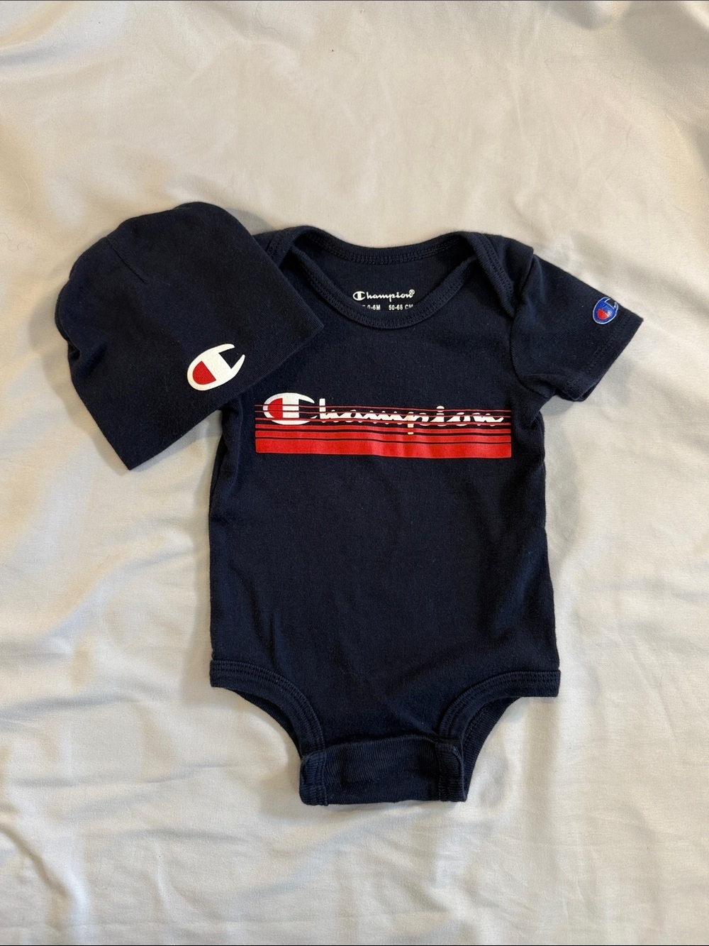 Champion LIKE NEW Navy Infant Bodysuit with White Logo Print and matching hat